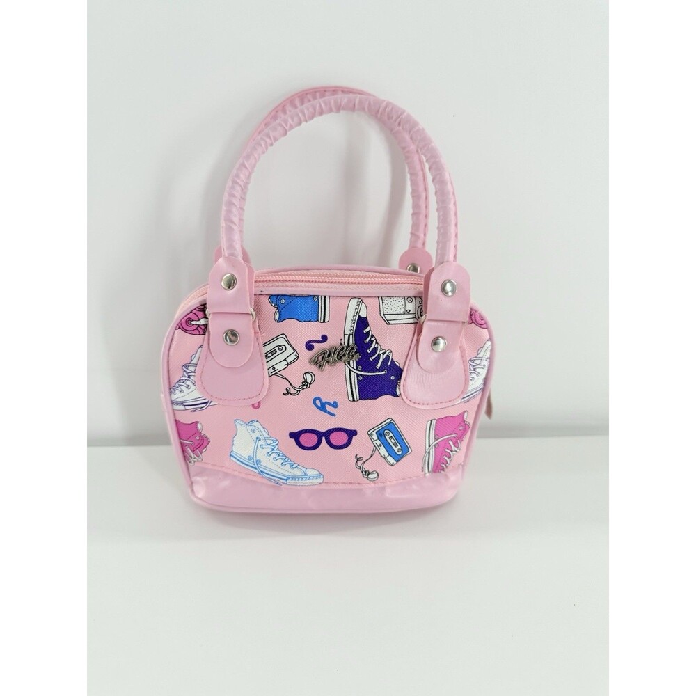 HCC Small/Mini Handbag pink with a print of sneakers, cameras, & cassette tapes